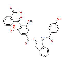 ChemSpider 2D Image | 2-{2,6-Dihydroxy-4-[({(1R,2S)-1-[(4-hydroxybenzoyl)amino]-2,3-dihydro-1H-inden-2-yl}oxy)carbonyl]benzoyl}-3-hydroxybenzoic acid | C31H23NO10
