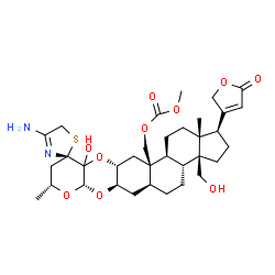 ChemSpider 2D Image | [(1S,3aS,3bR,5aS,6aR,7aS,9R,11S,12aR,13aR,13bS,15aR)-4'-amino-11a-hydroxy-3a-(hydroxymethyl)-9,15a-dimethyl-1-(5-oxo-2,5-dihydrofuran-3-yl)-1,2,3,3a,3b,4,5,5a,6,6a,7a,9,10,11a,12a,13,13b,14,15,15a-icosahydro-5'H,13aH-spiro[cyclopenta[7,8]phenanthro[2,3-b]pyrano[3,2-e][1,4]dioxine-11,2'-[1,3]thiazol]-13a-yl]methyl methyl carbonate | C34H48N2O10S