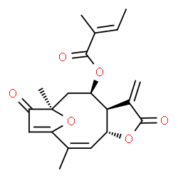 ChemSpider 2D Image | (2Z,4R,8R,9R,11R)-2,11-Dimethyl-7-methylene-6,12-dioxo-5,14-dioxatricyclo[9.2.1.0~4,8~]tetradeca-1(13),2-dien-9-yl (2E)-2-methyl-2-butenoate | C20H22O6