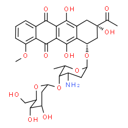 ChemSpider 2D Image | (1S,3S)-3-Acetyl-3,5,12-trihydroxy-10-methoxy-6,11-dioxo-1,2,3,4,6,11-hexahydro-1-tetracenyl 3-amino-2,3,6-trideoxy-4-O-(2-deoxyhexopyranosyl)hexopyranoside | C33H39NO14