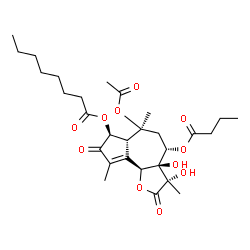 ChemSpider 2D Image | (3S,3aR,4S,6S,6aR,7S,9bS)-6-Acetoxy-4-(butyryloxy)-3,3a-dihydroxy-3,6,9-trimethyl-2,8-dioxo-2,3,3a,4,5,6,6a,7,8,9b-decahydroazuleno[4,5-b]furan-7-yl octanoate | C29H42O11