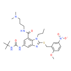 ChemSpider 2D Image | 5-[(tert-butylcarbamoyl)amino]-N-[3-(dimethylamino)propyl]-2-[(2-methoxy-5-nitrobenzyl)sulfanyl]-1-propyl-1H-benzimidazole-7-carboxamide | C29H41N7O5S