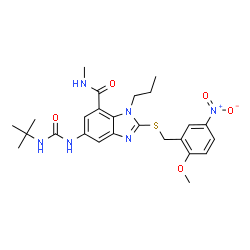 ChemSpider 2D Image | 5-[(tert-butylcarbamoyl)amino]-2-[(2-methoxy-5-nitrobenzyl)sulfanyl]-N-methyl-1-propyl-1H-benzimidazole-7-carboxamide | C25H32N6O5S