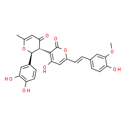 ChemSpider 2D Image | (2'S,3'R)-2'-(3,4-Dihydroxyphenyl)-4-hydroxy-6-[(E)-2-(4-hydroxy-3-methoxyphenyl)vinyl]-6'-methyl-2',3'-dihydro-2H,4'H-3,3'-bipyran-2,4'-dione | C26H22O9