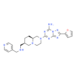 ChemSpider 2D Image | 2-(2-Furyl)-5-[(7R,9aS)-7-{[(4-pyridinylmethyl)amino]methyl}octahydro-2H-pyrido[1,2-a]pyrazin-2-yl][1,2,4]triazolo[1,5-a][1,3,5]triazin-7-amine | C23H28N10O