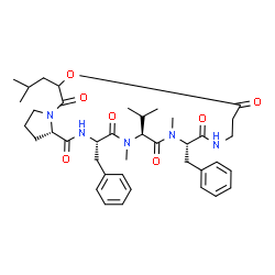 ChemSpider 2D Image | (3S,6S,9S,21aS)-3,9-Dibenzyl-16-isobutyl-6-isopropyl-5,8-dimethyldodecahydropyrrolo[1,2-d][1,4,7,10,13,16]oxapentaazacyclononadecine-1,4,7,10,14,17(11H,16H)-hexone | C39H53N5O7