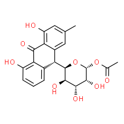 ChemSpider 2D Image | (5R)-1-O-Acetyl-5-[(9R)-4,5-dihydroxy-2-methyl-10-oxo-9,10-dihydro-9-anthracenyl]-beta-L-lyxopyranose | C22H22O9