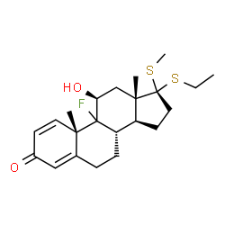 ChemSpider 2D Image | (9xi,11beta,17beta)-17-(Ethylsulfanyl)-9-fluoro-11-hydroxy-17-(methylsulfanyl)androsta-1,4-dien-3-one | C22H31FO2S2