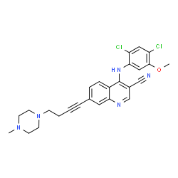 ChemSpider 2D Image | 4-[(2,4-Dichloro-5-methoxyphenyl)amino]-7-[4-(4-methyl-1-piperazinyl)-1-butyn-1-yl]-3-quinolinecarbonitrile | C26H25Cl2N5O
