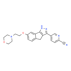 ChemSpider 2D Image | 5-{7-[2-(4-Morpholinyl)ethoxy]-1,4-dihydroindeno[1,2-c]pyrazol-3-yl}-2-pyridinecarbonitrile | C22H21N5O2