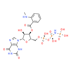 ChemSpider 2D Image | 9-{5-O-(Hydroxy{[hydroxy(phosphonoamino)phosphoryl]oxy}phosphoryl)-3-O-[2-(methylamino)benzoyl]-beta-L-ribofuranosyl}-3,9-dihydro-1H-purine-2,6-dione | C18H23N6O15P3
