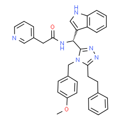 ChemSpider 2D Image | N-{(R)-1H-Indol-3-yl[4-(4-methoxybenzyl)-5-(2-phenylethyl)-4H-1,2,4-triazol-3-yl]methyl}-2-(3-pyridinyl)acetamide | C34H32N6O2