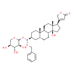 ChemSpider 2D Image | 4-{(3S,5R,8R,9S,10S,13R,14S,17R)-3-[(Benzyloxy){[(3S,4R,5S)-3,4,5-trihydroxytetrahydro-2H-pyran-2-yl]oxy}amino]-14-hydroxy-10,13-dimethylhexadecahydro-1H-cyclopenta[a]phenanthren-17-yl}-2(5H)-furanone | C35H49NO9