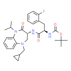 ChemSpider 2D Image | tert-butyl [(2R)-1-{[(3R)-5-(cyclopropylmethyl)-2-oxo-1-(propan-2-yl)-2,3,4,5-tetrahydro-1H-1,5-benzodiazepin-3-yl]amino}-3-(2-fluorophenyl)-1-oxopropan-2-yl]carbamate | C30H39FN4O4