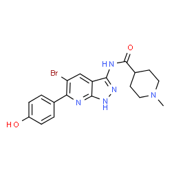 ChemSpider 2D Image | N-[5-Bromo-6-(4-hydroxyphenyl)-1H-pyrazolo[3,4-b]pyridin-3-yl]-1-methyl-4-piperidinecarboxamide | C19H20BrN5O2