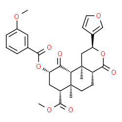 ChemSpider 2D Image | Methyl (2S,4aR,6aR,7R,9S,10aS,10bR)-2-(3-furyl)-9-[(3-methoxybenzoyl)oxy]-6a,10b-dimethyl-4,10-dioxododecahydro-2H-benzo[f]isochromene-7-carboxylate | C29H32O9