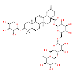 ChemSpider 2D Image | 6-Deoxy-alpha-L-mannopyranosyl-(1->4)-beta-D-glucopyranosyl-(1->6)-1-O-{[(4aS,6aS,6bR,8aR,10S,12aR,12bS,14bS)-10-(alpha-L-arabinopyranosyloxy)-6a,9,9,12a-tetramethyl-2-methylene-1,3,4,5,6,6a,6b,7,8,8a
,9,10,11,12,12a,12b,13,14b-octadecahydro-4a(2H)-picenyl]carbonyl}-beta-D-glucopyranose | C51H80O21