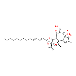 ChemSpider 2D Image | (1S,2R,6S,7S,8R,10S,11S,12R,14S,16R,18S)-6,7-Dihydroxy-8-(hydroxymethyl)-16-isopropenyl-4,18-dimethyl-14-[(1E,3E)-1,3-tridecadien-1-yl]-9,13,15,19-tetraoxahexacyclo[12.4.1.0~1,11~.0~2,6~.0~8,10~.0~12,
16~]nonadec-3-en-5-one | C34H48O8
