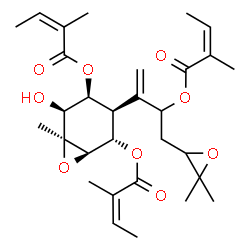 ChemSpider 2D Image | (1R,2S,3R,4S,5S,6S)-3-[4-(3,3-Dimethyl-2-oxiranyl)-3-{[(2Z)-2-methyl-2-butenoyl]oxy}-1-buten-2-yl]-5-hydroxy-6-methyl-7-oxabicyclo[4.1.0]heptane-2,4-diyl (2Z,2'Z)bis(2-methyl-2-butenoate) | C30H42O9