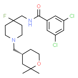 ChemSpider 2D Image | 3,5-Dichloro-N-[(1-{[(4R)-2,2-dimethyltetrahydro-2H-pyran-4-yl]methyl}-4-fluoro-4-piperidinyl)methyl]benzamide | C21H29Cl2FN2O2