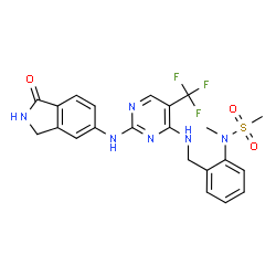 ChemSpider 2D Image | N-Methyl-N-{2-[({2-[(1-oxo-2,3-dihydro-1H-isoindol-5-yl)amino]-5-(trifluoromethyl)-4-pyrimidinyl}amino)methyl]phenyl}methanesulfonamide | C22H21F3N6O3S