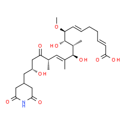 ChemSpider 2D Image | (2E,6E,8S,9S,10R,11R,12E,14S,17R)-18-(2,6-Dioxo-4-piperidinyl)-9,11,17-trihydroxy-8-methoxy-10,12,14-trimethyl-15-oxo-2,6,12-octadecatrienoic acid | C27H41NO9