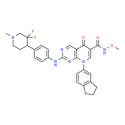 ChemSpider 2D Image | 2-{[4-(3,3-Difluoro-1-methyl-4-piperidinyl)phenyl]amino}-8-(2,3-dihydro-1H-inden-5-yl)-N-methoxy-5-oxo-5,8-dihydropyrido[2,3-d]pyrimidine-6-carboxamide | C30H30F2N6O3