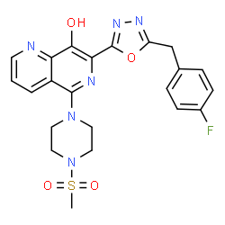 ChemSpider 2D Image | 7-[5-(4-Fluorobenzyl)-1,3,4-oxadiazol-2-yl]-5-[4-(methylsulfonyl)-1-piperazinyl]-1,6-naphthyridin-8-ol | C22H21FN6O4S