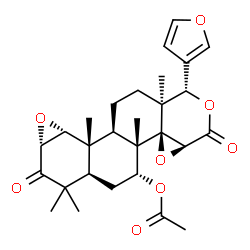 ChemSpider 2D Image | (1S,3aS,4aR,4bS,5R,6aR,8aR,9aR,9bR,9cR,11aS)-1-(3-Furyl)-4b,7,7,9b,11a-pentamethyl-3,8-dioxohexadecahydrooxireno[d]oxireno[7,8]naphtho[2,1-f]isochromen-5-yl acetate | C28H34O8