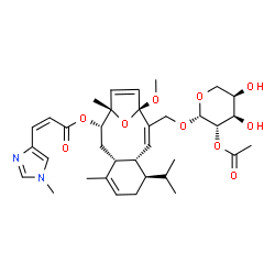 ChemSpider 2D Image | (1S,2S,4R,8R,9S,10Z,12R)-11-{[(2-O-Acetyl-beta-D-arabinopyranosyl)oxy]methyl}-8-isopropyl-12-methoxy-1,5-dimethyl-15-oxatricyclo[10.2.1.0~4,9~]pentadeca-5,10,13-trien-2-yl (2Z)-3-(1-methyl-1H-imidazol
-4-yl)acrylate | C35H48N2O10