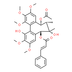ChemSpider 2D Image | (5R,6S,7S,8S)-8-Acetoxy-1,6-dihydroxy-2,3,10,11,12-pentamethoxy-6,7-dimethyl-5,6,7,8-tetrahydrodibenzo[a,c][8]annulen-5-yl (2E)-3-phenylacrylate | C34H38O11