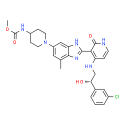 ChemSpider 2D Image | Methyl {1-[2-(4-{[(2S)-2-(3-chlorophenyl)-2-hydroxyethyl]amino}-2-oxo-1,2-dihydro-3-pyridinyl)-4-methyl-1H-benzimidazol-6-yl]-4-piperidinyl}carbamate | C28H31ClN6O4
