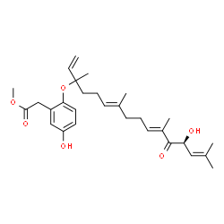 ChemSpider 2D Image | Methyl (5-hydroxy-2-{[(6E,10E,13S)-13-hydroxy-3,7,11,15-tetramethyl-12-oxo-1,6,10,14-hexadecatetraen-3-yl]oxy}phenyl)acetate | C29H40O6