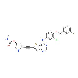 ChemSpider 2D Image | (3S,5R)-5-{[4-({3-Chloro-4-[(3-fluorobenzyl)oxy]phenyl}amino)thieno[3,2-d]pyrimidin-6-yl]ethynyl}-3-pyrrolidinyl dimethylcarbamate | C28H25ClFN5O3S