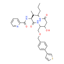 ChemSpider 2D Image | N-[(2S)-1-{[5-(Butylamino)-3-hydroxy-5-oxo-1-{[4-(3-thienyl)benzyl]oxy}-2-pentanyl]amino}-3-methyl-1-oxo-2-butanyl]-2-pyridinecarboxamide | C31H40N4O5S