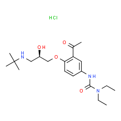 ChemSpider 2D Image | 3-(3-Acetyl-4-{(2R)-2-hydroxy-3-[(2-methyl-2-propanyl)amino]propoxy}phenyl)-1,1-diethylurea hydrochloride (1:1) | C20H34ClN3O4