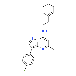 ChemSpider 2D Image | N-[2-(1-Cyclohexen-1-yl)ethyl]-3-(4-fluorophenyl)-2,5-dimethylpyrazolo[1,5-a]pyrimidin-7-amine | C22H25FN4