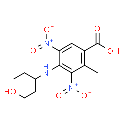 ChemSpider 2D Image | 4-[(1-Hydroxy-3-pentanyl)amino]-2-methyl-3,5-dinitrobenzoic acid | C13H17N3O7