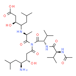 ChemSpider 2D Image | N-Acetyl-L-valyl-N-[(3S,4S)-4-amino-3-hydroxy-6-methylheptanoyl]-N-[(2S)-2-{[(2S)-1-carboxy-2-hydroxy-5-methyl-3-hexanyl]amino}propanoyl]-L-valinamide | C31H57N5O9