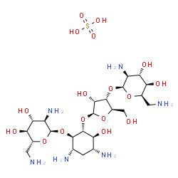 ChemSpider 2D Image | (1R,2R,3S,4R,6S)-4,6-Diamino-2-{[3-O-(2,6-diamino-2,6-dideoxy-beta-D-idopyranosyl)-beta-D-ribofuranosyl]oxy}-3-hydroxycyclohexyl 2,6-diamino-2,6-dideoxy-alpha-D-glucopyranoside sulfate (1:1) | C23H48N6O17S