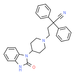 ChemSpider 2D Image | 4-[4-(2-Oxo-2,3-dihydro-1H-benzimidazol-1-yl)-1-piperidinyl]-2,2-diphenylbutanenitrile | C28H28N4O