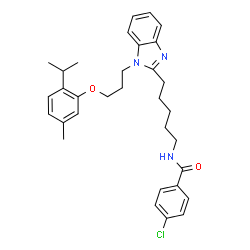 ChemSpider 2D Image | 4-Chloro-N-(5-{1-[3-(2-isopropyl-5-methylphenoxy)propyl]-1H-benzimidazol-2-yl}pentyl)benzamide | C32H38ClN3O2