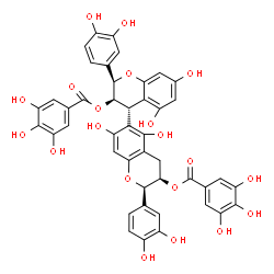 ChemSpider 2D Image | (2R,2'R,3R,3'R,4S)-2,2'-Bis(3,4-dihydroxyphenyl)-5,5',7,7'-tetrahydroxy-3,3',4,4'-tetrahydro-2H,2'H-4,6'-bichromene-3,3'-diyl bis(3,4,5-trihydroxybenzoate) | C44H34O20