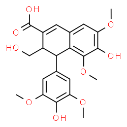 ChemSpider 2D Image | 6-Hydroxy-4-(4-hydroxy-3,5-dimethoxyphenyl)-3-(hydroxymethyl)-5,7-dimethoxy-3,4-dihydro-2-naphthalenecarboxylic acid | C22H24O9