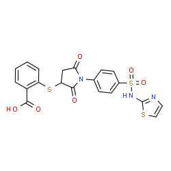 ChemSpider 2D Image | 2-({2,5-Dioxo-1-[4-(1,3-thiazol-2-ylsulfamoyl)phenyl]-3-pyrrolidinyl}sulfanyl)benzoic acid | C20H15N3O6S3