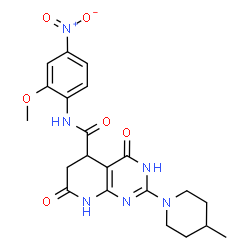 ChemSpider 2D Image | N-(2-Methoxy-4-nitrophenyl)-2-(4-methyl-1-piperidinyl)-4,7-dioxo-1,4,5,6,7,8-hexahydropyrido[2,3-d]pyrimidine-5-carboxamide | C21H24N6O6
