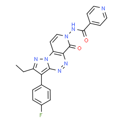 ChemSpider 2D Image | N-[2-Ethyl-3-(4-fluorophenyl)-6-oxopyrazolo[5,1-c]pyrido[4,3-e][1,2,4]triazin-7(6H)-yl]isonicotinamide | C22H16FN7O2