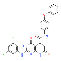 ChemSpider 2D Image | 2-[(3,5-Dichlorophenyl)amino]-4,7-dioxo-N-(4-phenoxyphenyl)-1,4,5,6,7,8-hexahydropyrido[2,3-d]pyrimidine-5-carboxamide | C26H19Cl2N5O4