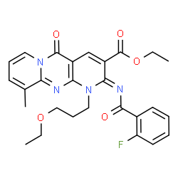 ChemSpider 2D Image | Ethyl (2Z)-1-(3-ethoxypropyl)-2-[(2-fluorobenzoyl)imino]-10-methyl-5-oxo-1,5-dihydro-2H-dipyrido[1,2-a:2',3'-d]pyrimidine-3-carboxylate | C27H27FN4O5