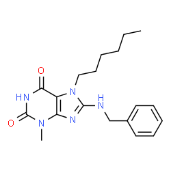 ChemSpider 2D Image | 8-(Benzylamino)-7-hexyl-3-methyl-3,7-dihydro-1H-purine-2,6-dione | C19H25N5O2